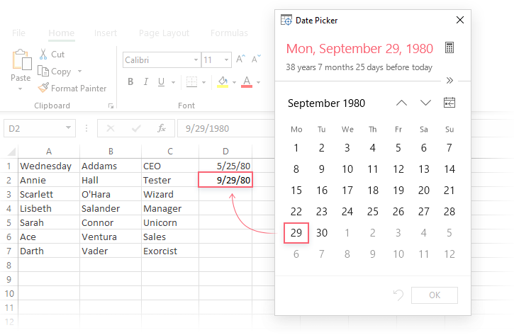 Use a pop-up calendar to insert a date in a cell.