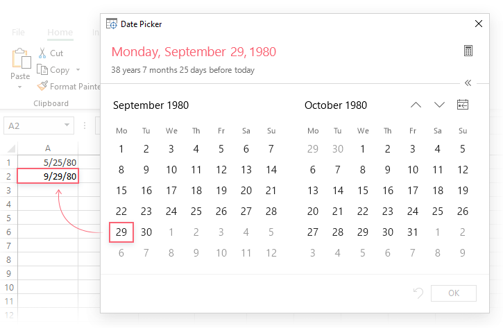 Two-month calendar view  - Date Picker for Excel
