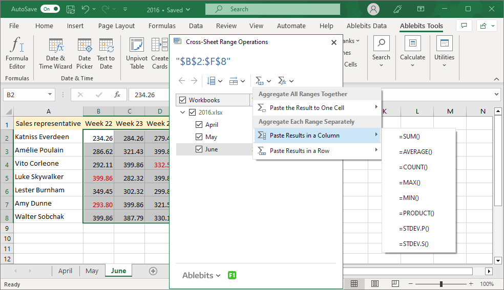 Select a function and aggregate all ranges together or each range separately across multiple sheets.