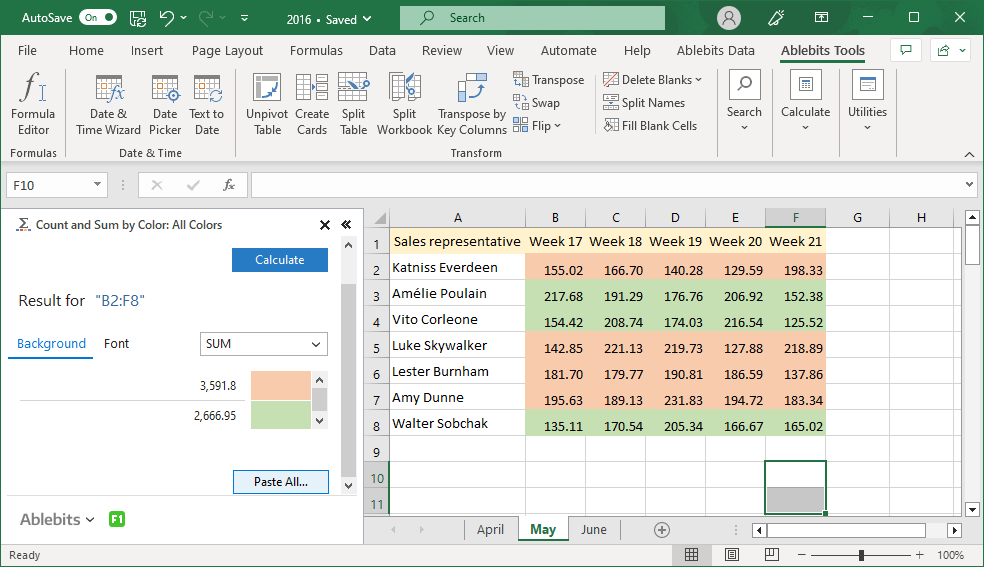 Calculate values by cell background colors.