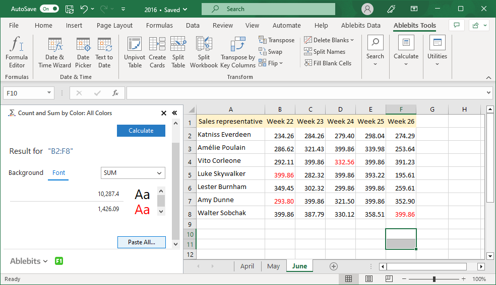Calculate values by cell font colors.