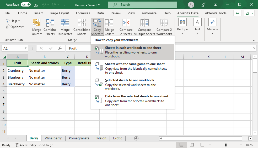 Select the way you want to copy your worksheets.