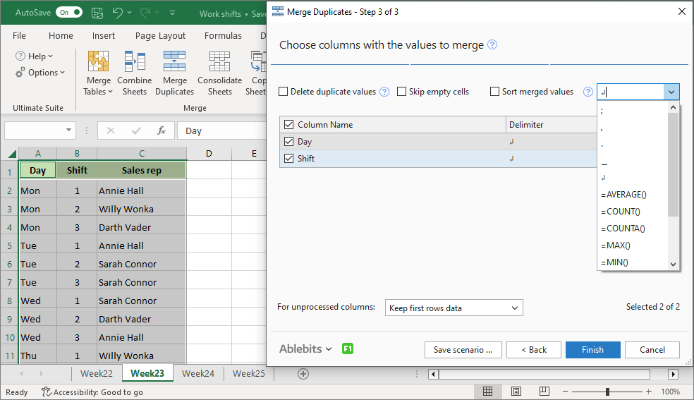 Select columns that you want to merge and a delimiter that you want to use.