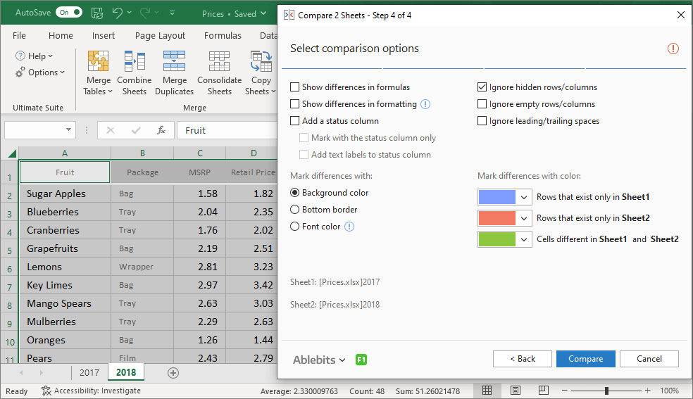 Select the options to compare two sheets and find differences.