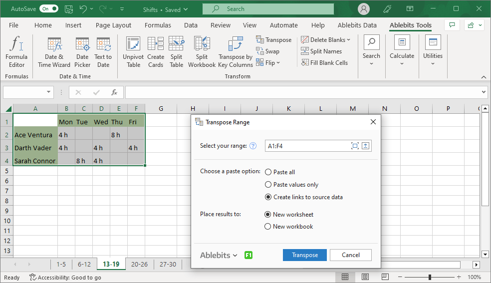 Convert rows to columns or columns to rows with the Transpose Range tool.