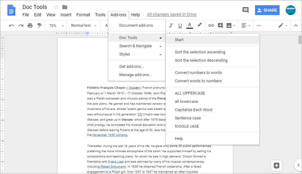 Initiate the action right from the Google Docs menu