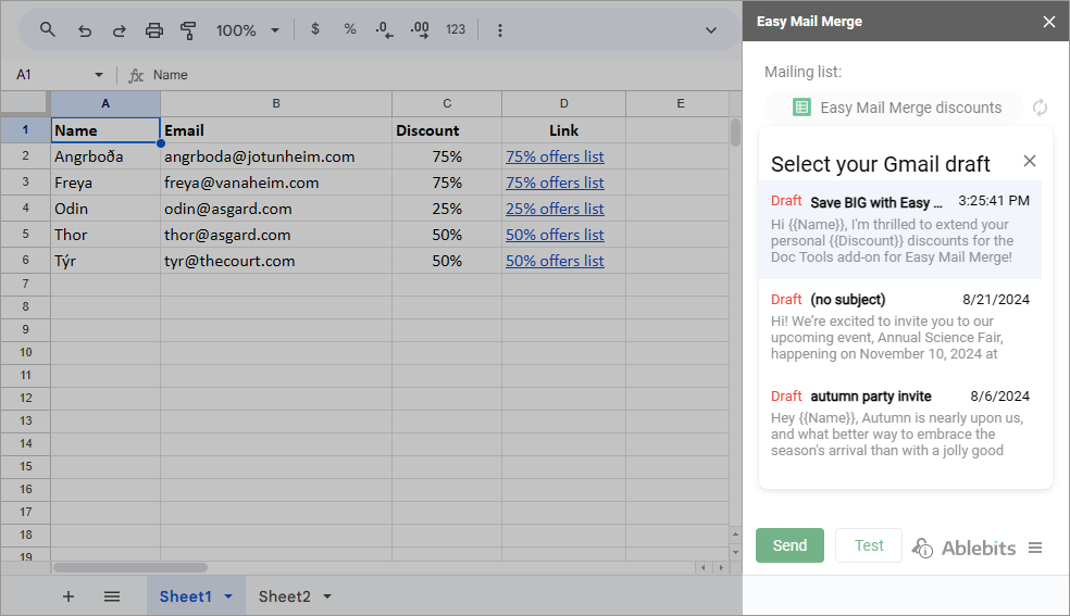 When working from Google Sheets, pick one of the existing drafts as your email template.