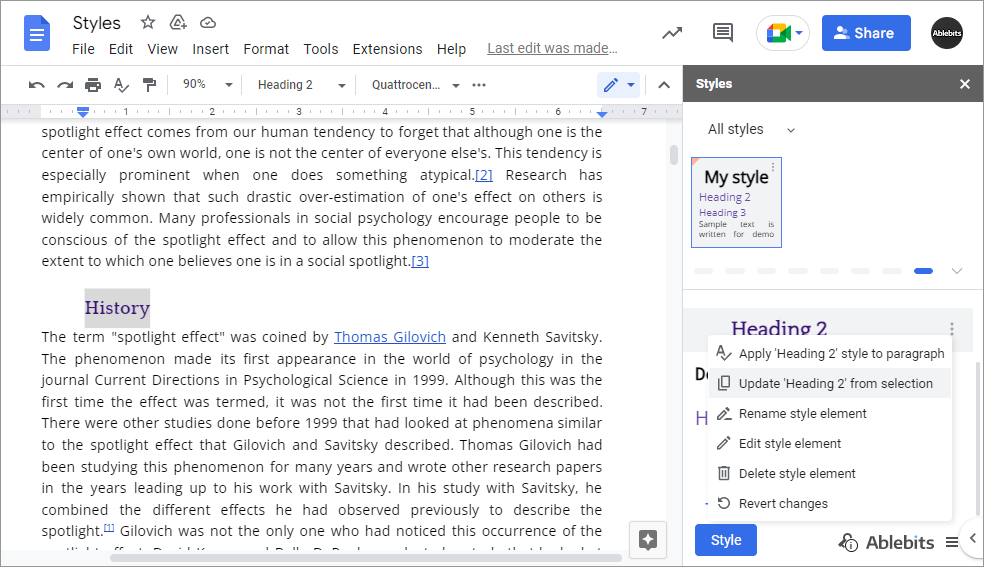 Update element in the add-on by the style in your Google document.