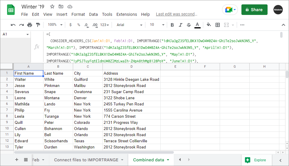Merge Google sheets using a formula – the result will update in sync with the original sheets