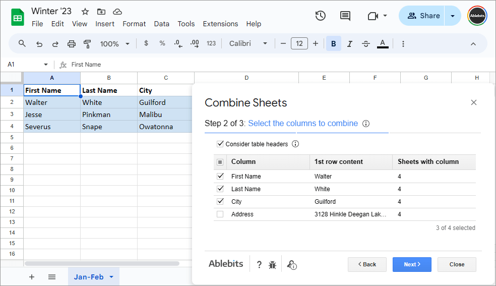 Combine all or only the selected columns in Google Sheets.