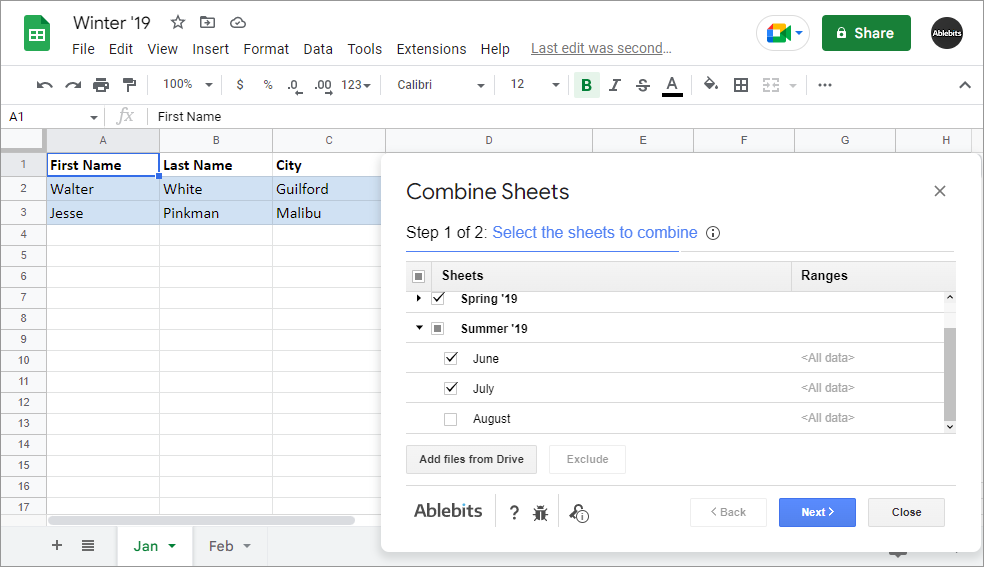 Tick off entire spreadsheets or certain sheets to bring them together
