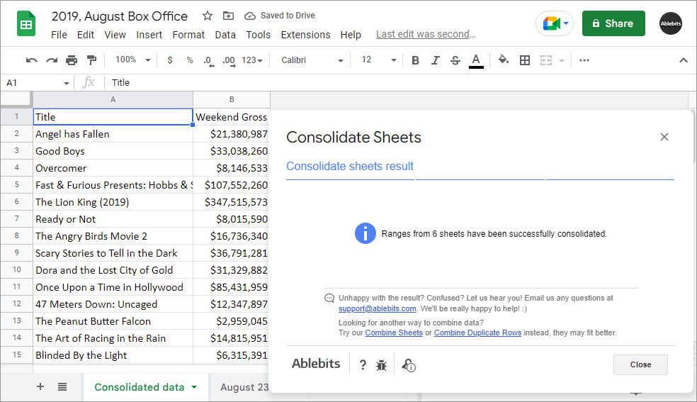 Check how many sheets have been consolidated in your Google Sheets