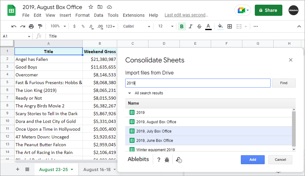 Add files from your Drive to merge more Google sheets