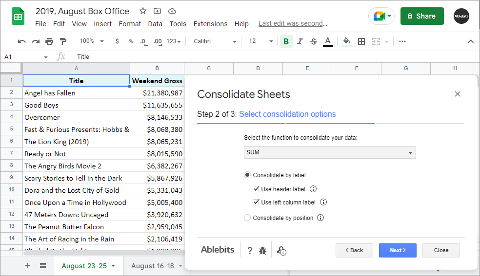 Pick a function and required labels to consolidate sheets in Google Sheets