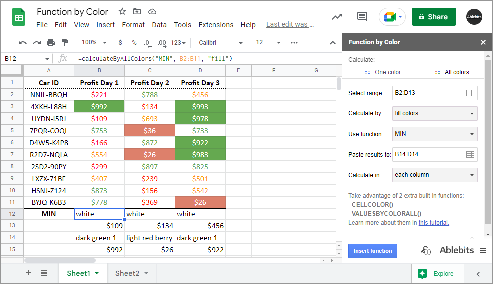 Find the minimum value by each cell color in each Google Sheets column