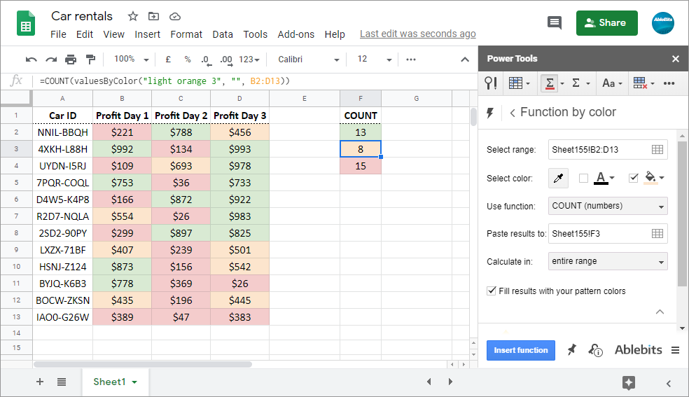 Count cells in Google Sheets by background color