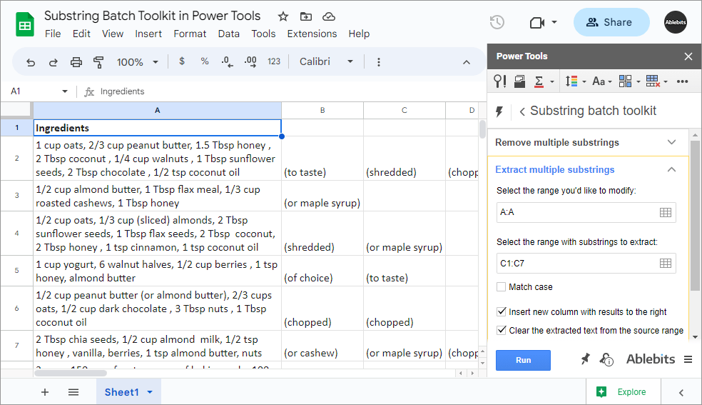 Google Sheets: extract texts from strings.