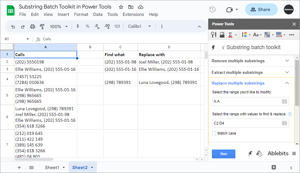 Find and replace substrings in Google Sheets.