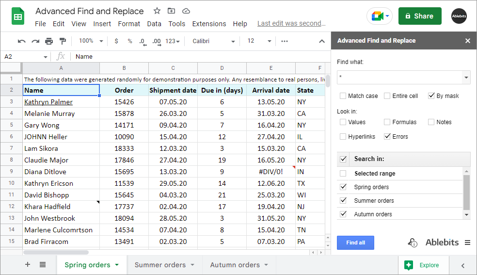 Make use of the <em>By mask</em> option and wildcard characters to search for all errors (or other types of data) across all Google sheets