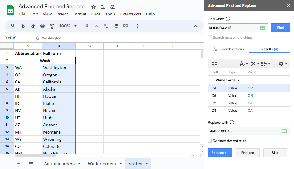 Find and replace multiple values in Google Sheets simultaneously