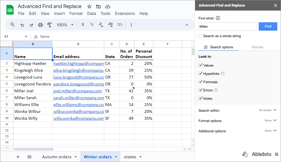 Search in all data types: values, links, formulas, errors, notes
