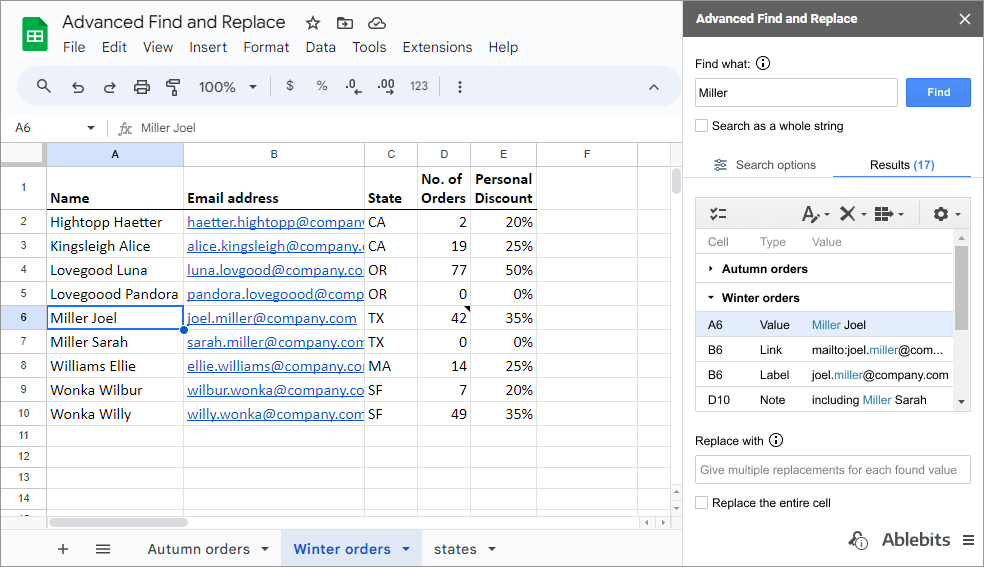 Navigate all results grouped by sheet (or a search value) in a tree-view