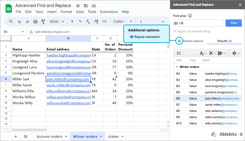 Search Google Sheets using regular expressions