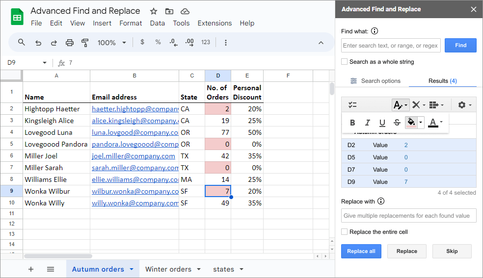 Use this add-on for Google Sheets to find and replace colors.