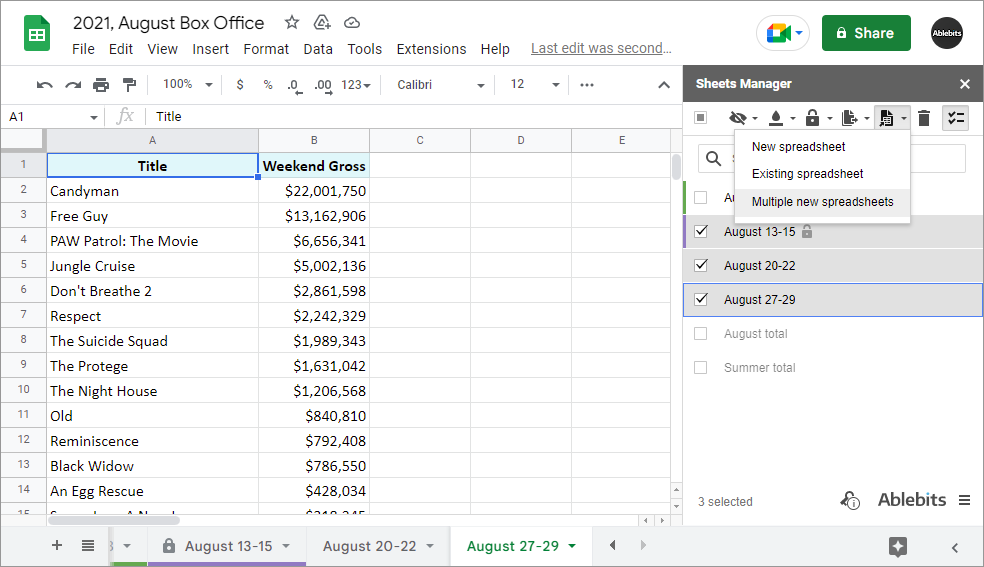 Copy or move multiple sheets to multiple new spreadsheets (or one new/existing spreadsheet)