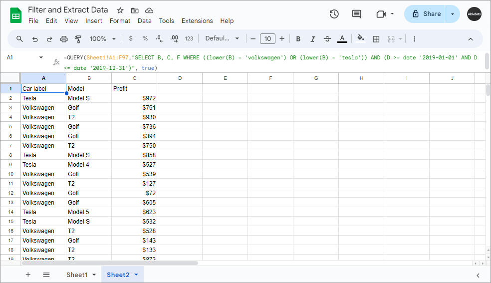 Insert the resulting table as a Google Sheets QUERY formula…