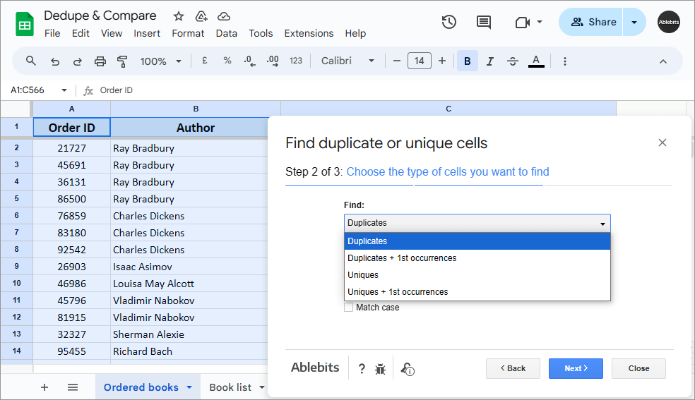 Remove duplicates in Google Sheets