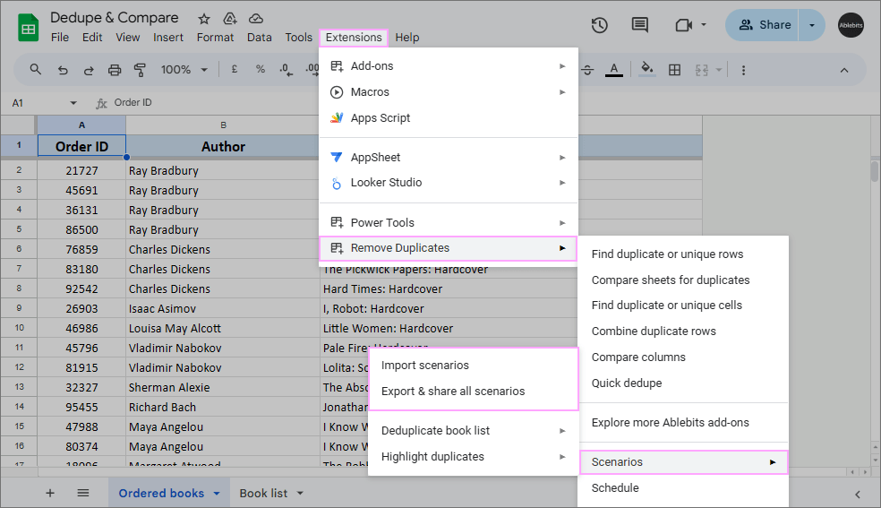 Easily share scenarios with other Remove Duplicates users or back them up to your computer or Google Drive.