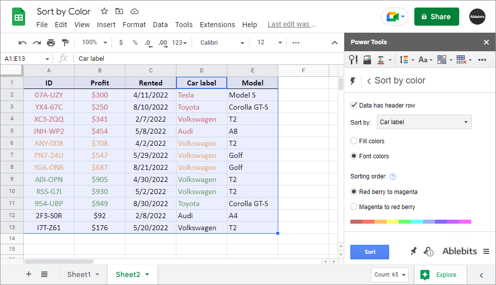Sort the range by colors of one Google Sheets column.