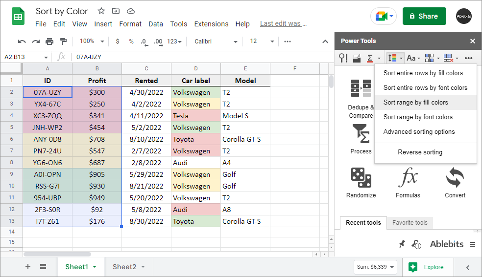 Google Sheets: Sort only the selected range by fill colors.