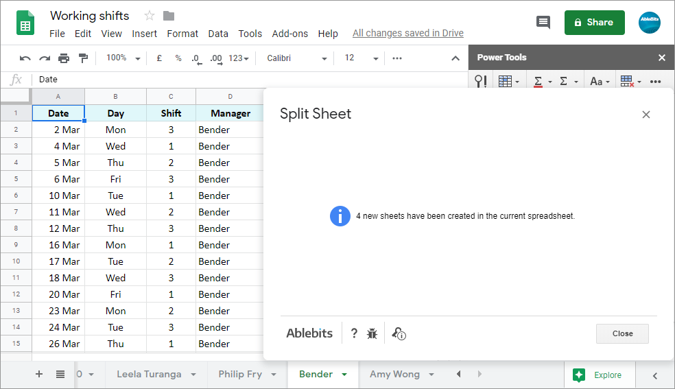 Have all new individual sheets created in the current (or a new) Google spreadsheet
