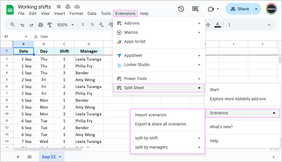 Run saved scenarios in a click or share them with your teammates or other Split Sheets users.