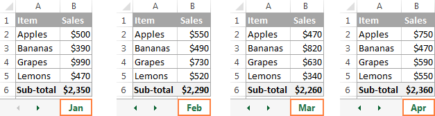 4 different worksheets to be calculated