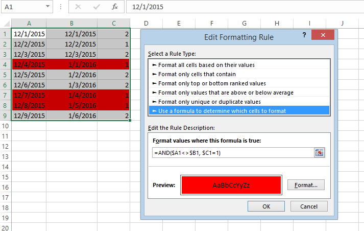 Highlight different dates based on value in column C