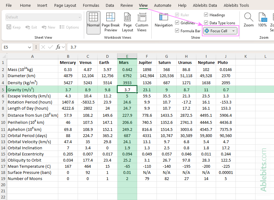 Focus cell in Excel 365 to automatically highlight the active cell.