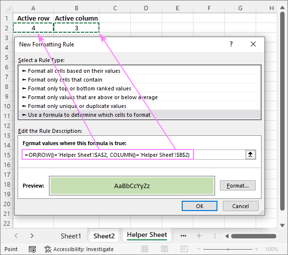 How to highlight active row and column in Excel