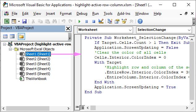 How to highlight active row and column in Excel