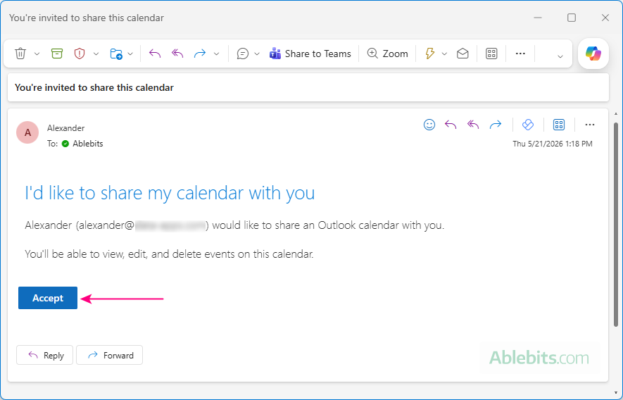 Accept a shared calendar invitation in Outlook.