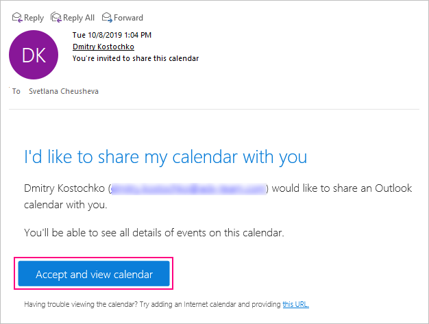 Accept and view a calendar shared outside organization.