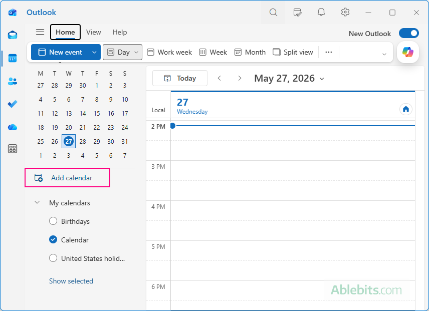 Add a calendar in new Outlook.