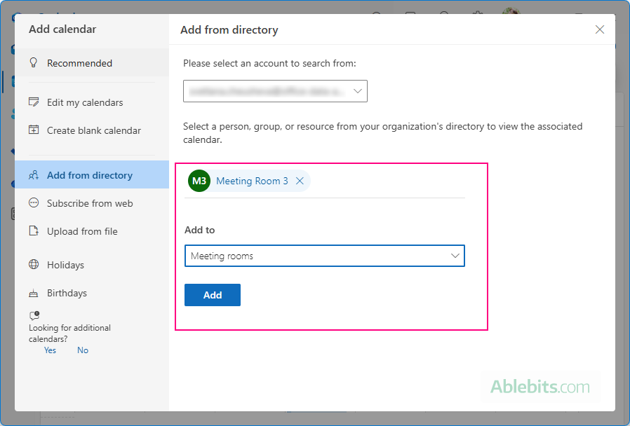 Add a room calendar in new Outlook.