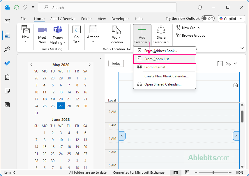 Add a meeting room calendar in Outlook 365.