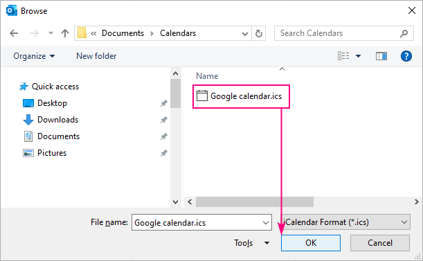 Select the iCalendar file.