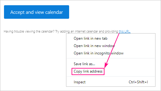 Copy the calendar URL to open it in another app.