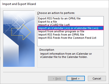 Import an iCalendar or vCalendar file to Outlook.