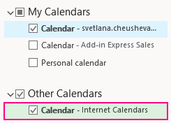 The Internet calendar is added to Outlook.
